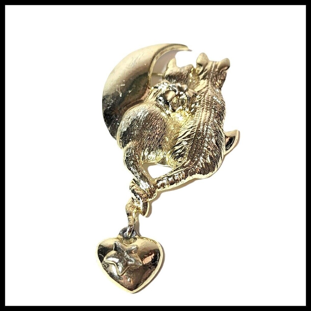 Vintage Large Cats and Moon Pin Signed "AJC" Cats in Love Heart Valentine's Day‎